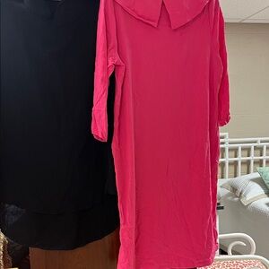 Pink linen midi Dress with split Peter Pan collar